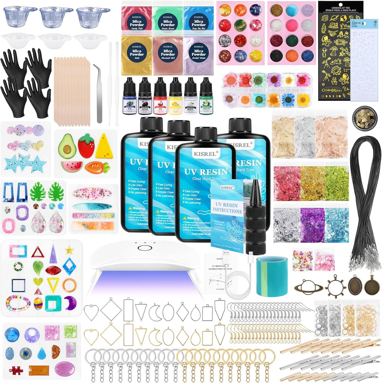 UV Resin Jewelry Making Kit, 400g Crystal Clear Resins with Light and Molds, DIY Jewelry Making Resin Kits, Resina Starter Kit for Keychain, Hair Clip and Earring